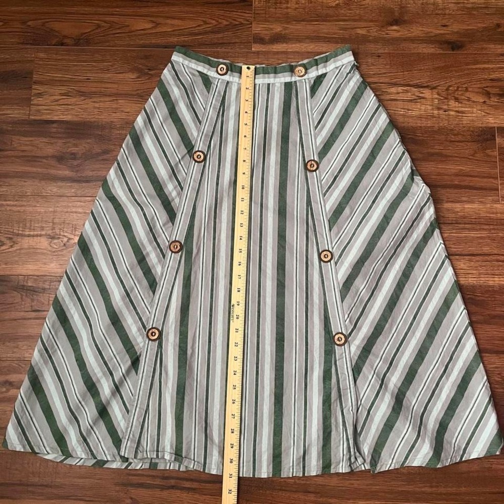 Green Striped 100% Cotton Midi Skirt Wood Buttons Women Large Boho Fairy Cottage - Picture 4 of 8